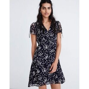 Madewell Mini Dress Navy Floral Print V Neck‎ Tie Sleeve Casual Women's